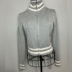 Gray & White Ribbed Zip-Up Sweater XS | Mock Neck NWOT